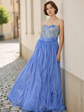 La Femme Strapless Sequin Bodice Maxi Skirt - Periwinkle Blue